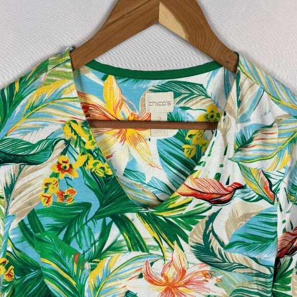 Chicos Women's 3/4 sleeve Tropical Top Size 2 L 12 Vacation Hawaii Rayon/Spandex - Picture 3 of 9